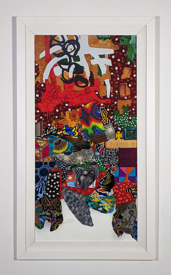 White framed colorful artwork comprised of oil and patterned fabric on print in a "neo-African abstract expressionist" mode