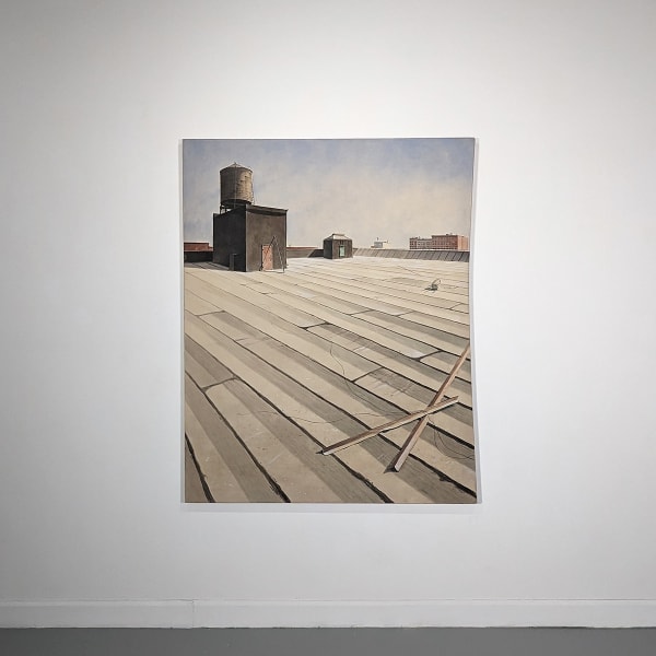 Acrylic painting on canvas of a city roof with a water tower and two sticks with wire affixed to them lying on the floor in the foreground