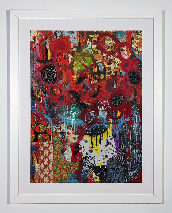 White framed colorful artwork comprised of oil and patterned fabric on print in a "neo-African abstract expressionist" mode