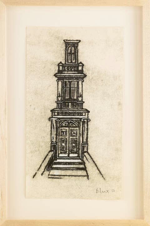 Framed line drawing in charcoal and white oilstick of a three-story building with front steps, seen in perspective
