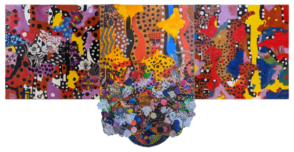 Colorful, irregularly shaped Neo-African Abstract Expressionist multimedia painting comprising oil paint and fabric of different patterns