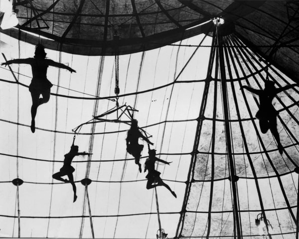 Black and white photograph of the the silhouettes of several Macondo Circus Acrobats performing inside a large circus tent in Colombia