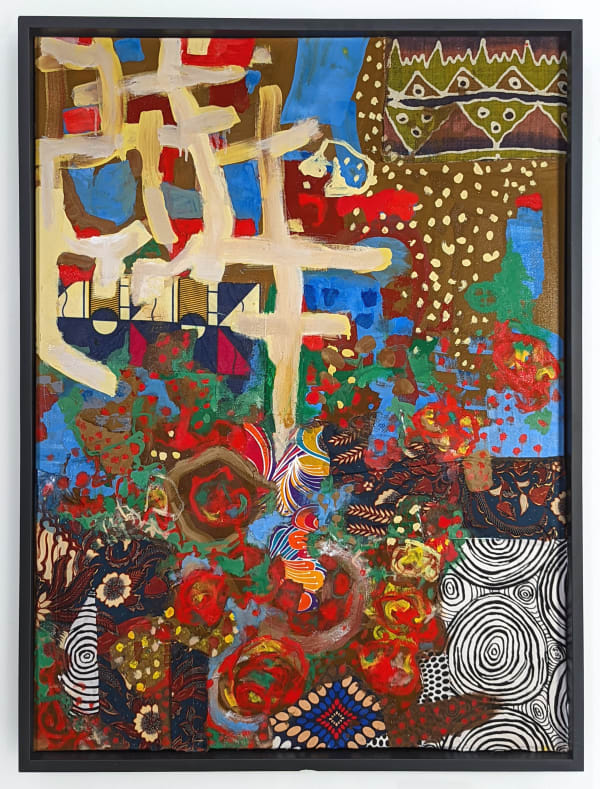 Framed colorful artwork comprised of oil paint and patterned fabric canvas in a "neo-African abstract expressionist" mode