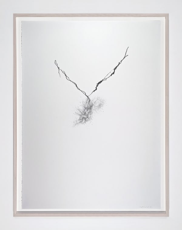 Framed Graphite on paper drawing of dark, thick lines breaking at a central soft form of linework.
