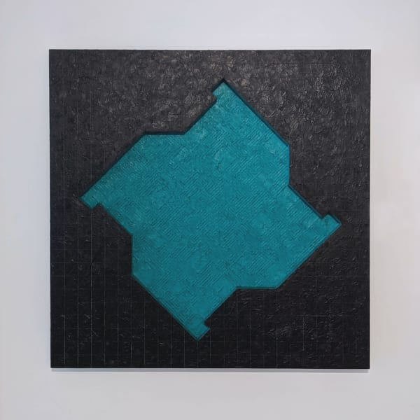 Work on wood of a dark black textured square with an blue edged geometric shape with dark gray labyrinth like lines in the center