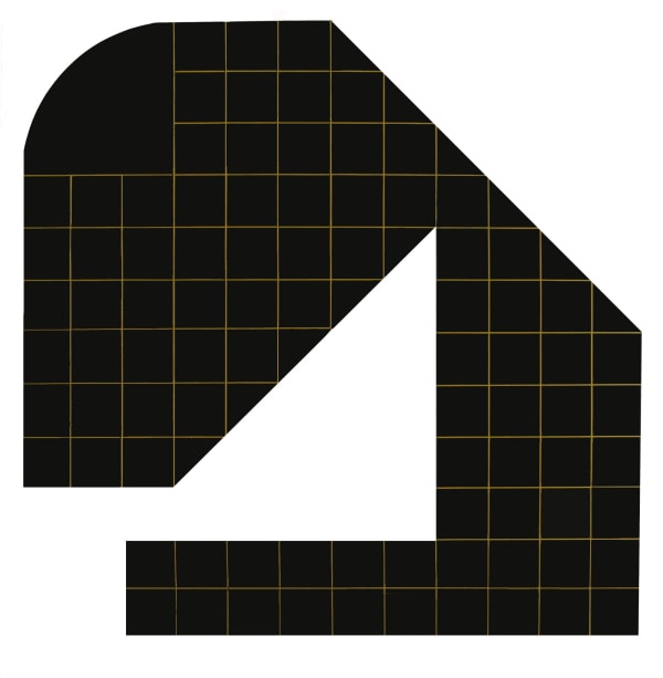 Acrylic painting on masonite of a black, irregular geometric shape surrounding a triangular area of negative space