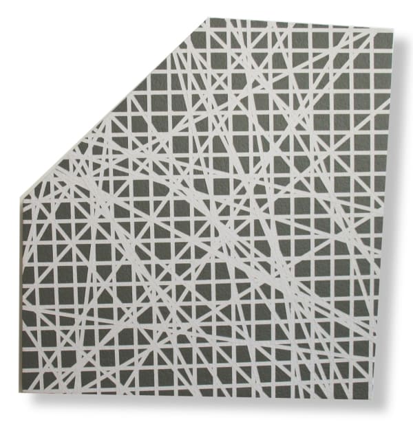 Five-sided black acrylic painting on a masonite board with overlaid white grid lines