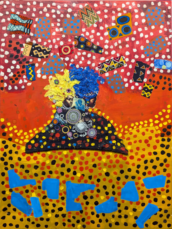 Colorful Neo-African Abstract Expressionist multimedia painting comprising oil paint and fabric of different patterns