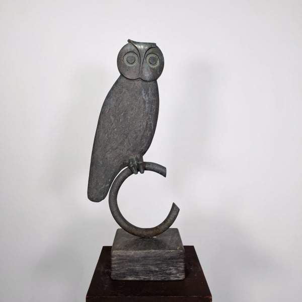 Modernist bronze sculpture of a stylized owl with perched on a semi-circular base