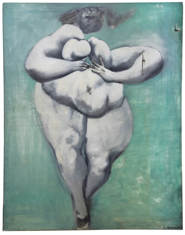 Stylized, distorted nude on green background, looks like Venus of Willendorf