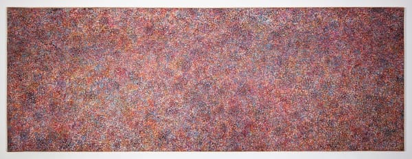 Abstract red painting created with thousands of minuscule circles with multiple underlying patterns in various blues, purples, and oranges