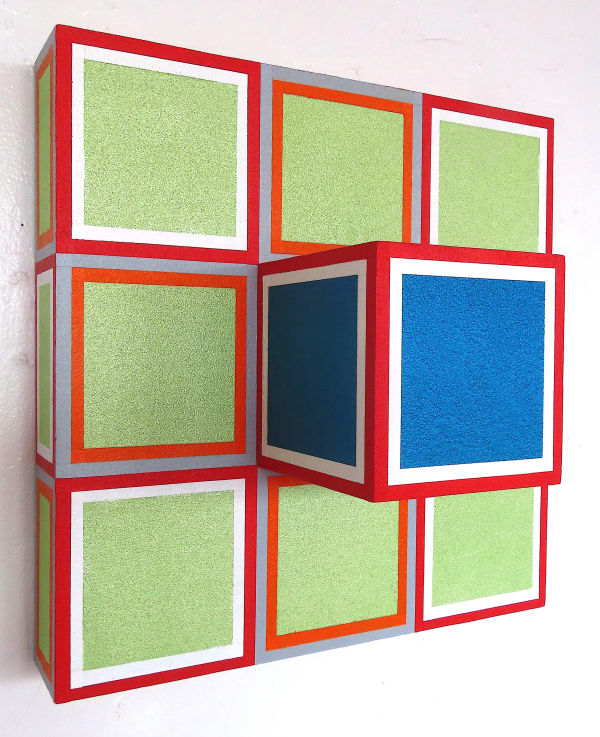 Three-dimensional painting composed of geometric blocks of color with both traditional and interference acrylic