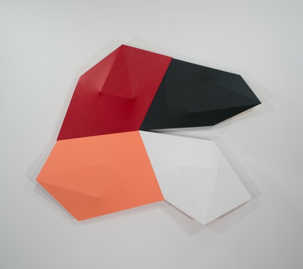 Tridimensional painting of interconnected parallelepipeds in black, red, orange, and white