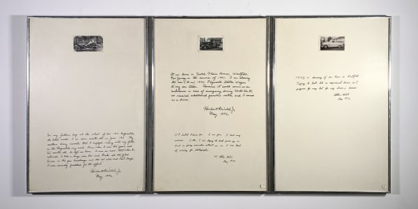 Three photographs and ink on museum board, each has a small black and white photo with writing surrounding them