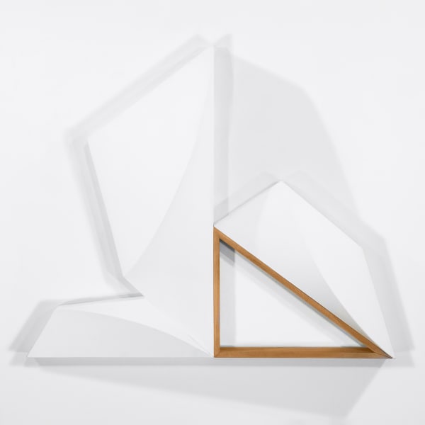 Tridimensional painting of three white stacked prisms, with a brown framed triangle at the bottom right corner