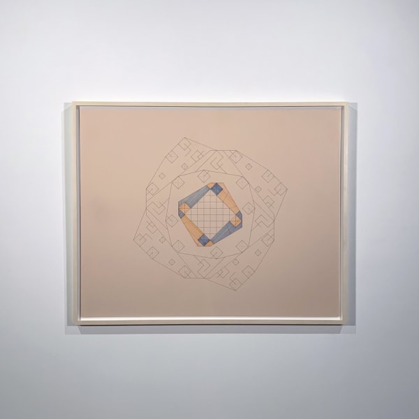 Work on paper of a dodecagon encircling an octagon. The center of the octagon has a blue and yellow square with diagonal sides and a square opening at the center revealing a grid pattern.