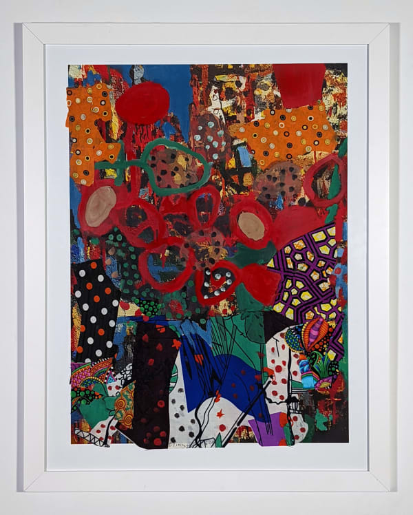 White framed colorful artwork comprised of oil and patterned fabric on print in a "neo-African abstract expressionist" mode