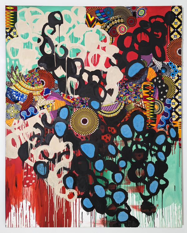 A colorful artwork comprised of oil paint and patterned fabric affixed to canvas in a "neo-African abstract expressionist" mode