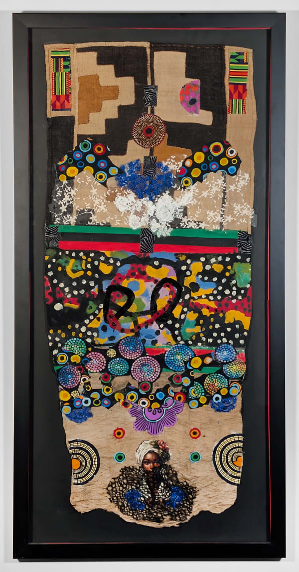 Black framed colorful artwork comprised of oil and patterned fabric on cloth in a "neo-African abstract expressionist" mode