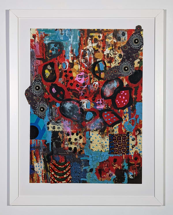 White framed colorful artwork comprised of oil and patterned fabric on print in a "neo-African abstract expressionist" mode