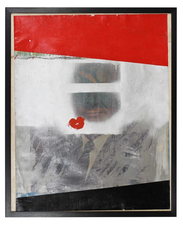 Painting of male bust portrait in suit and tie painted over with white, red, black, with red kiss mark