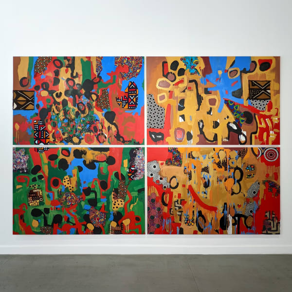 Colorful artwork comprised of oil paint and patterned fabric canvas in a "neo-African abstract expressionist" mode