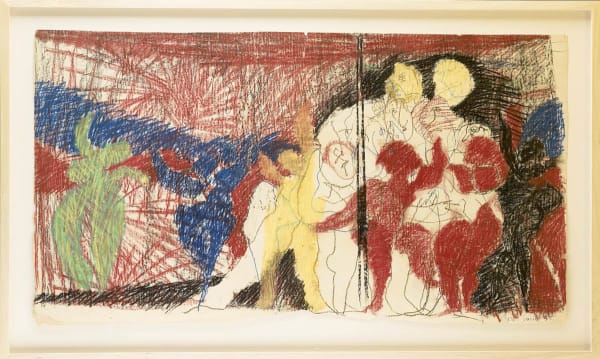 Framed pastel and oilstick on paper, loosely figurative image of a cabaret scene, red background, green & blue shadows