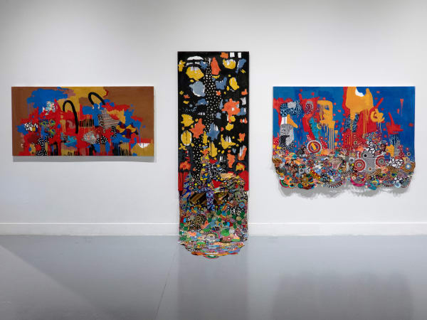 Triptych of colorful, irregularly shaped Neo-African Abstract Expressionist multimedia paintings comprising oil paint and fabric of different patterns
