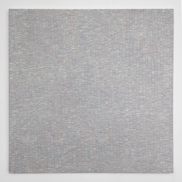 Oil on canvas painting of patterned small gray lines.