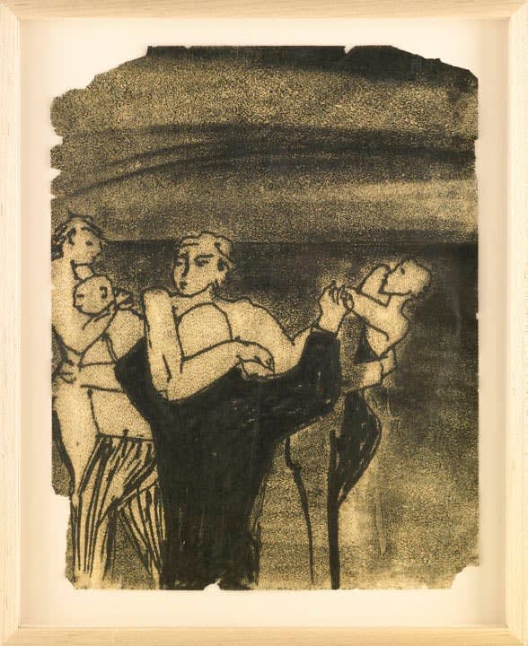 Framed charcoal drawing of two women and a couple embracing on a dark background