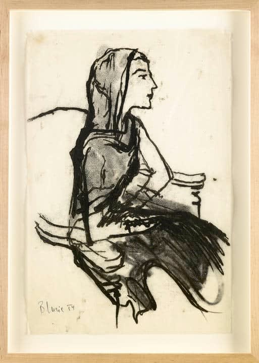 Framed charcoal drawing of a seated young woman in profile, wearing a head-shawl
