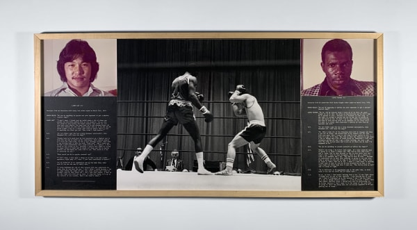 Three gelatin silver print images, left a portrait of Larry Lee, right Clyde Vaugn, center a black and white image of the two boxing. Underneath the portraits are interview transcripts.