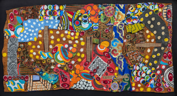 Colorful, irregularly shaped Neo-African Abstract Expressionist multimedia painting comprising oil paint and fabric of different patterns on bark cloth