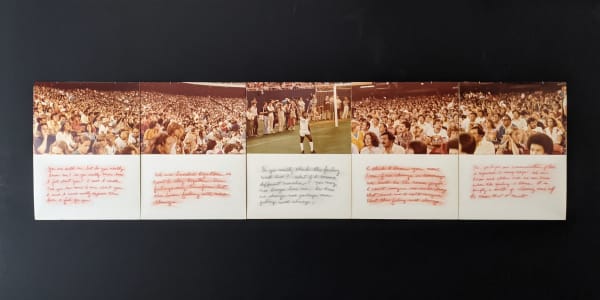 Five chromogenic color prints alternating between a crowd and a close up of a soccer player, mounted on board with handwritten text in pastel