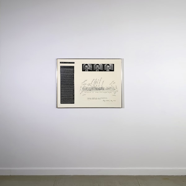Three side by side vintage photographs of a man, beneath is a timeline with writing and smaller pictures, ink on board