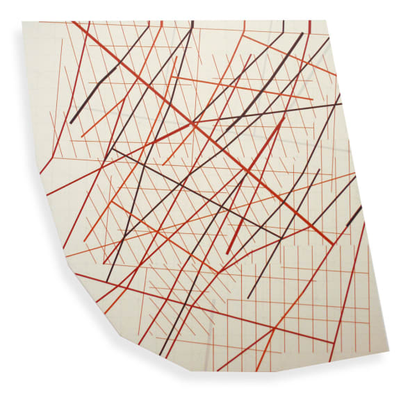Irregularly-shaped white acrylic painting on a masonite board with overlaid black and red grid lines and erratic straight lines