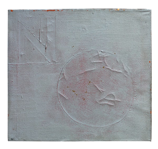 White painted canvas with the word NO scratched into the surface