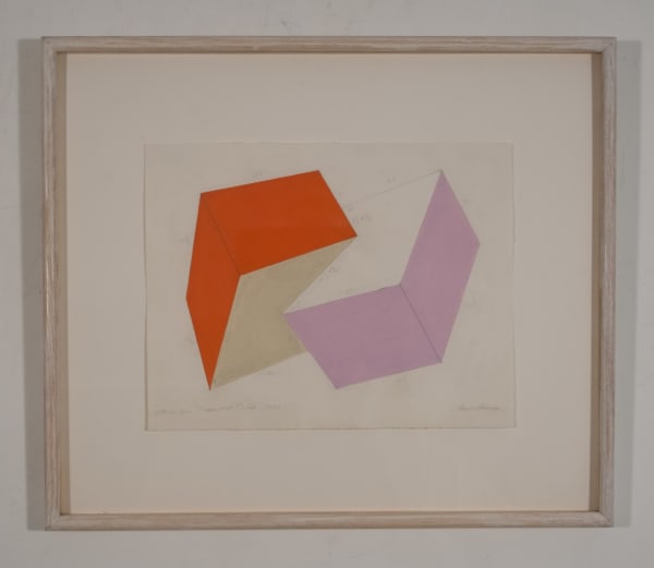 Gouache and graphite drawing of a tridimensional object made up of two interconnected flattened cubes with orange and lavender sides.