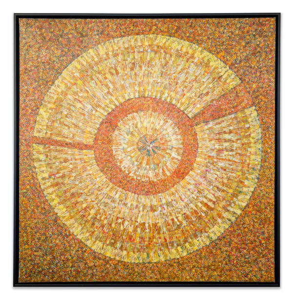 Abstract expressionist painting in warm yellows and oranges with a circular motif