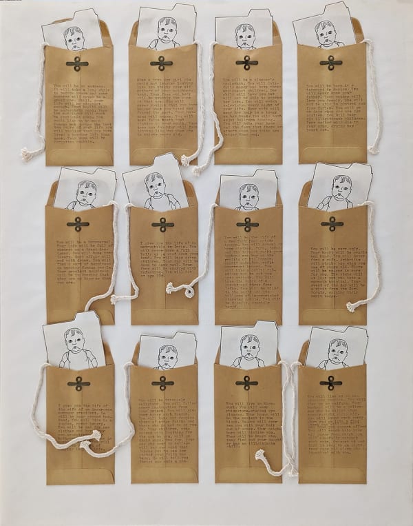 Mixed media collage of an array of identical baby doll images each emerging out of small manilla envelopes with text