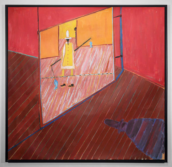 Acrylic and mixed media on canvas in an expressionist mode of a figure walking a tightrope with fish on either end of his balancing beam within a red-walled interior