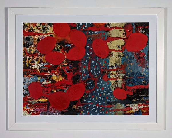 White framed colorful artwork comprised of oil and patterned fabric on print in a "neo-African abstract expressionist" mode