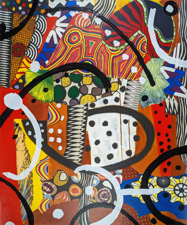 A colorful artwork comprised of oil paint and patterned fabric affixed to canvas in a "neo-African abstract expressionist" mode