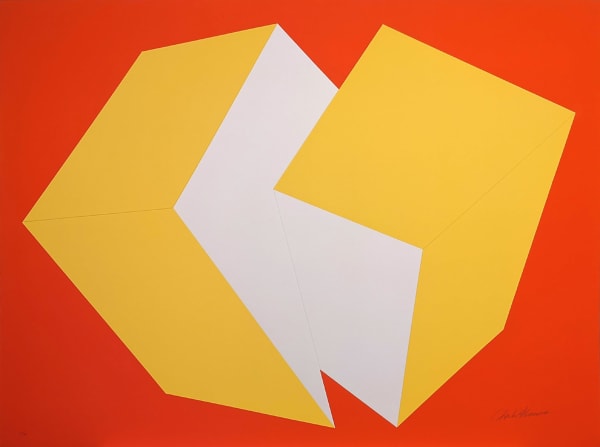Print of two interconnected rectangular prisms, yellow and white, on red background