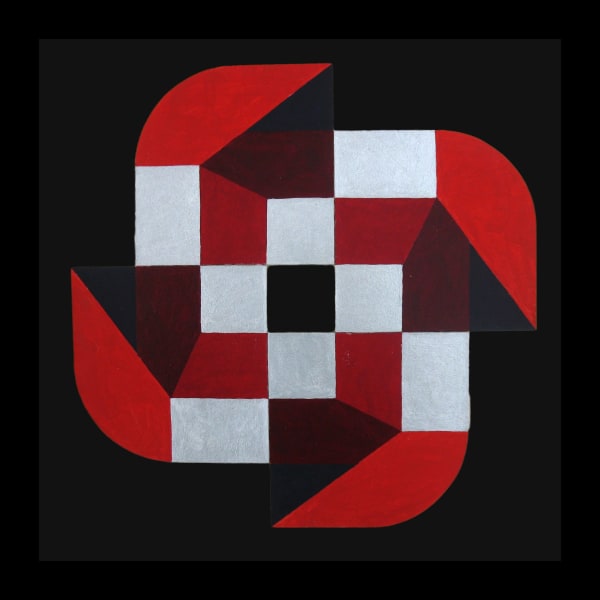 Acrylic on ragboard of geometric swirl shape in bright grey, red, and burgundy against a black background