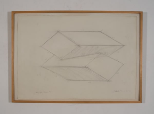 Graphite drawing of a tridimensional object of two interconnected parallelepipeds