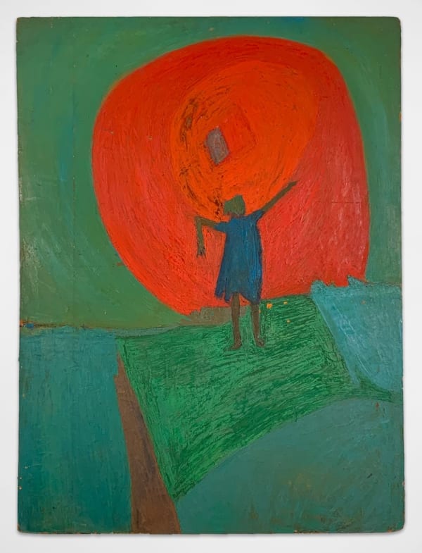 Oil on masonite of an abstracted figure with outstretched arms in front of a large red sun against a green background