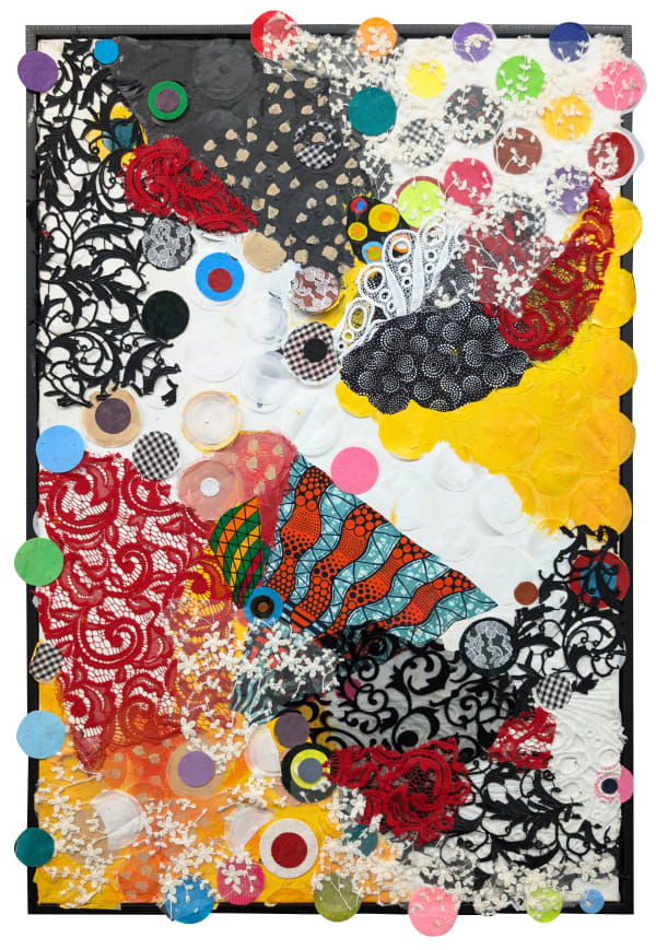 Colorful Neo-African Abstract Expressionist multimedia painting comprising oil paint and fabric of different patterns