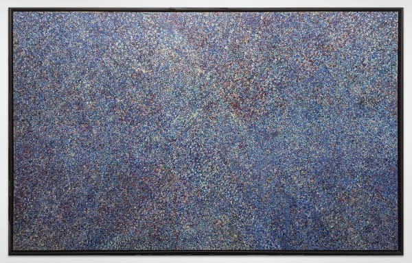 Acrylic and mixed media on canvas in an abstract expressionist mode of countless multicolored, primarily blue, small rings creating a sense of cosmic depth