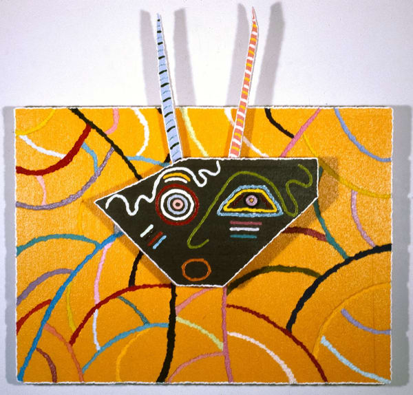 Multidimensional painting comprised of colorful figural and abstract elements